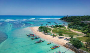 Aerial view of famous beach of the south coast of Sri Lanka, area near the town of Weligama. High quality photo